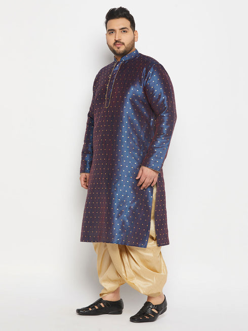 Vastramay Men's Plus Size Navy Blue Zari Weaved Kurta Dhoti Set